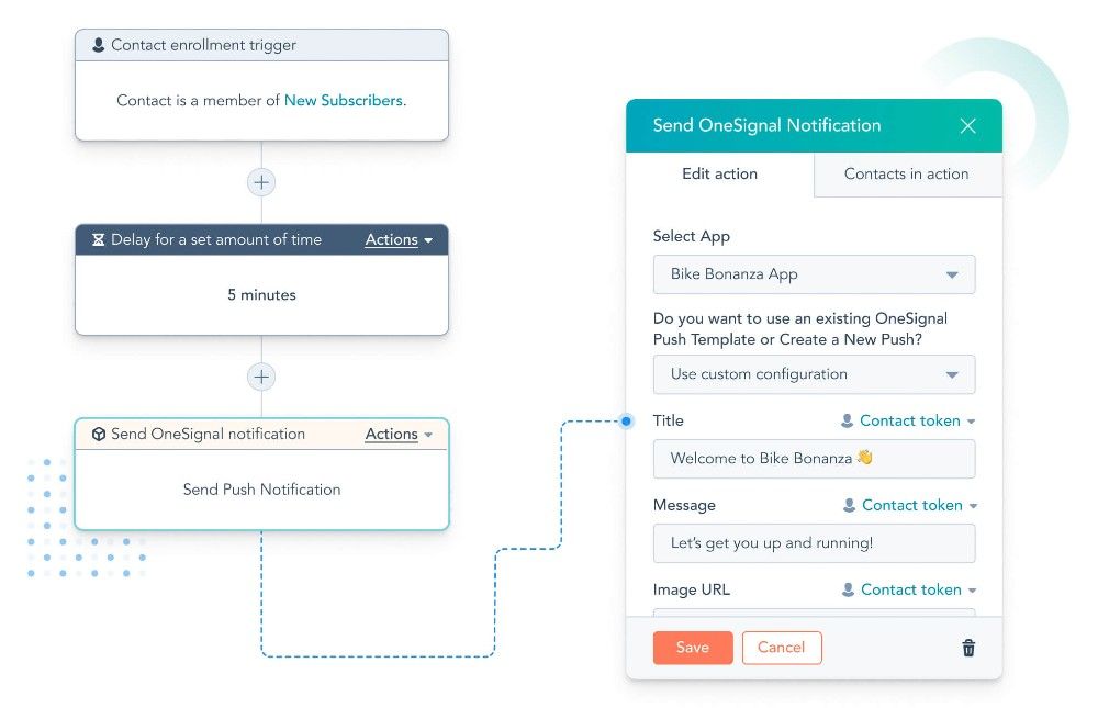 HubSpot users can automate push notifications with OneSignal integration.