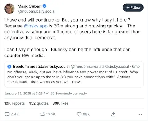 Mark Cuban tweet about Bluesky