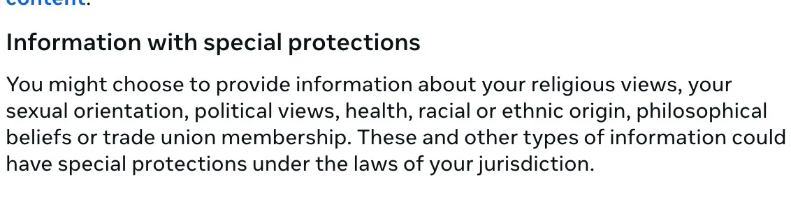Screenshot from Meta's privacy policy - information with special protections