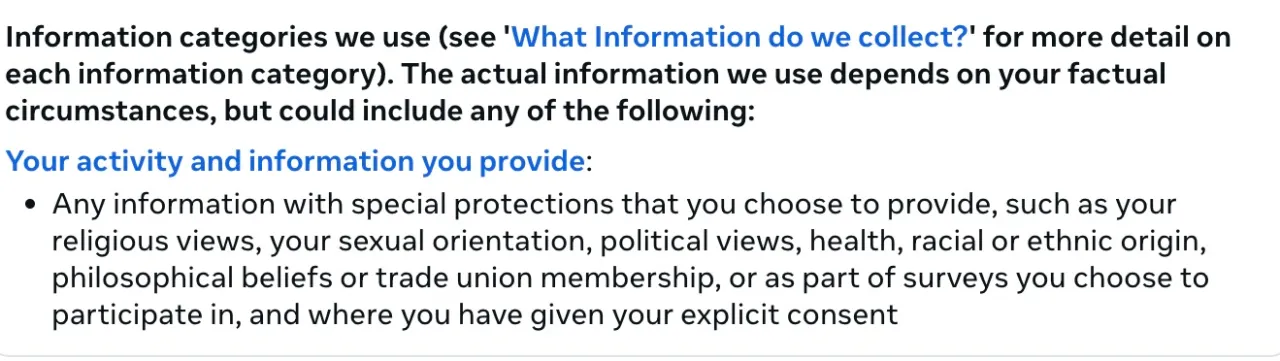 Screenshot from Meta's privacy policy - information categories we use