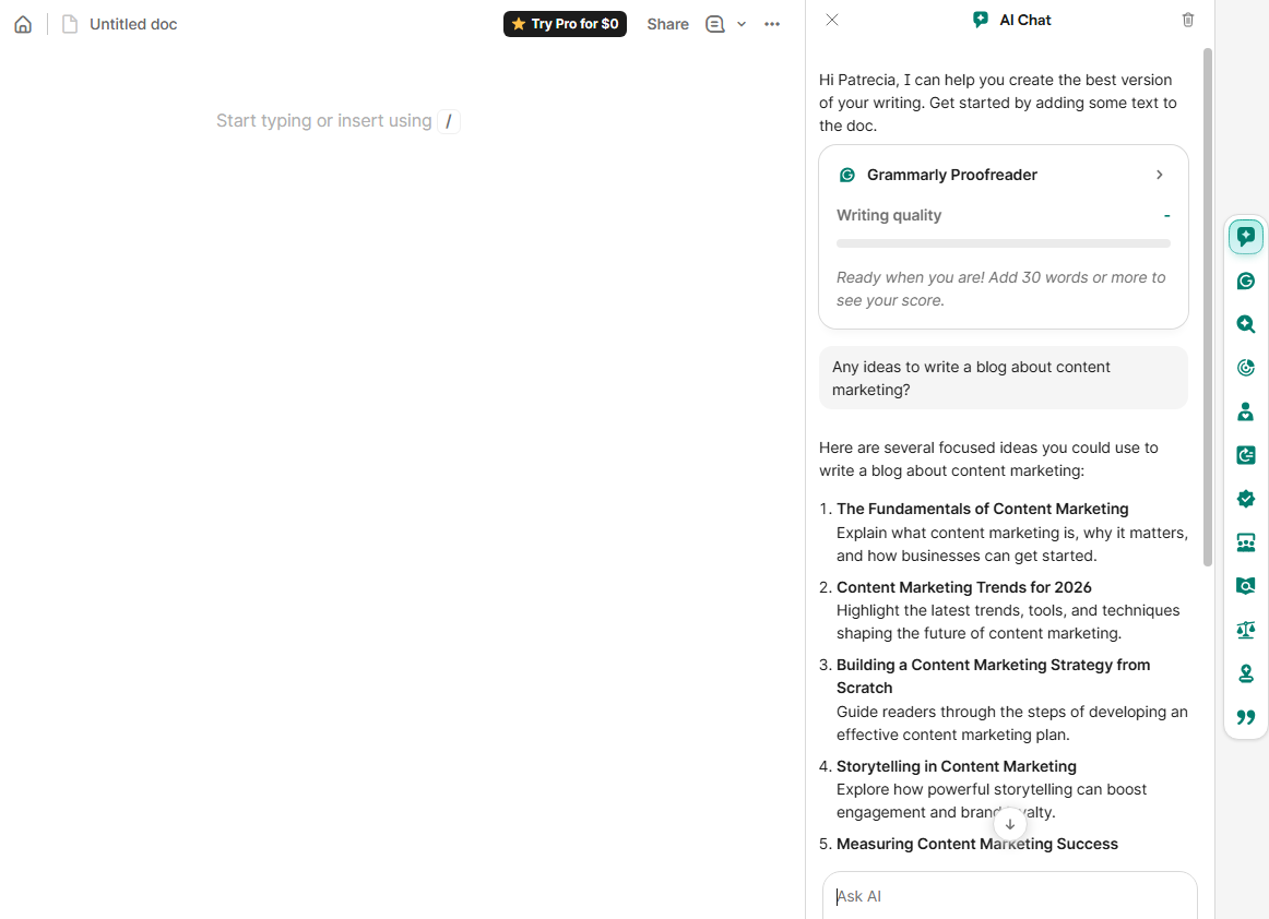 Grammarly review - AI chat panel